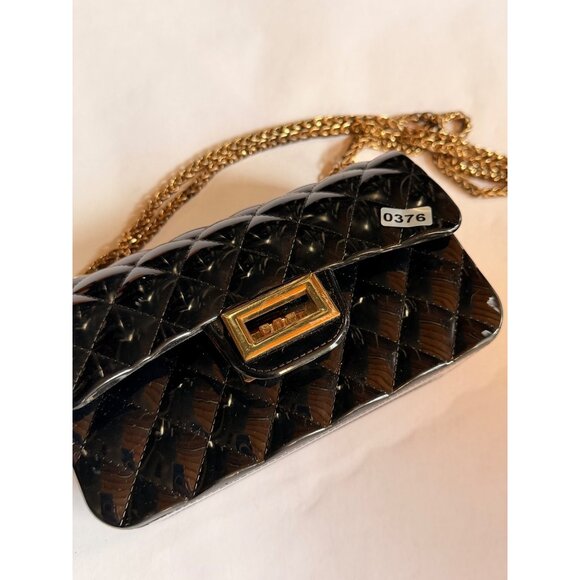 Black Quilted Jelly Chain Crossbody Bag With Gold-Tone Turn Lock & Strap - Picture 9 of 9
